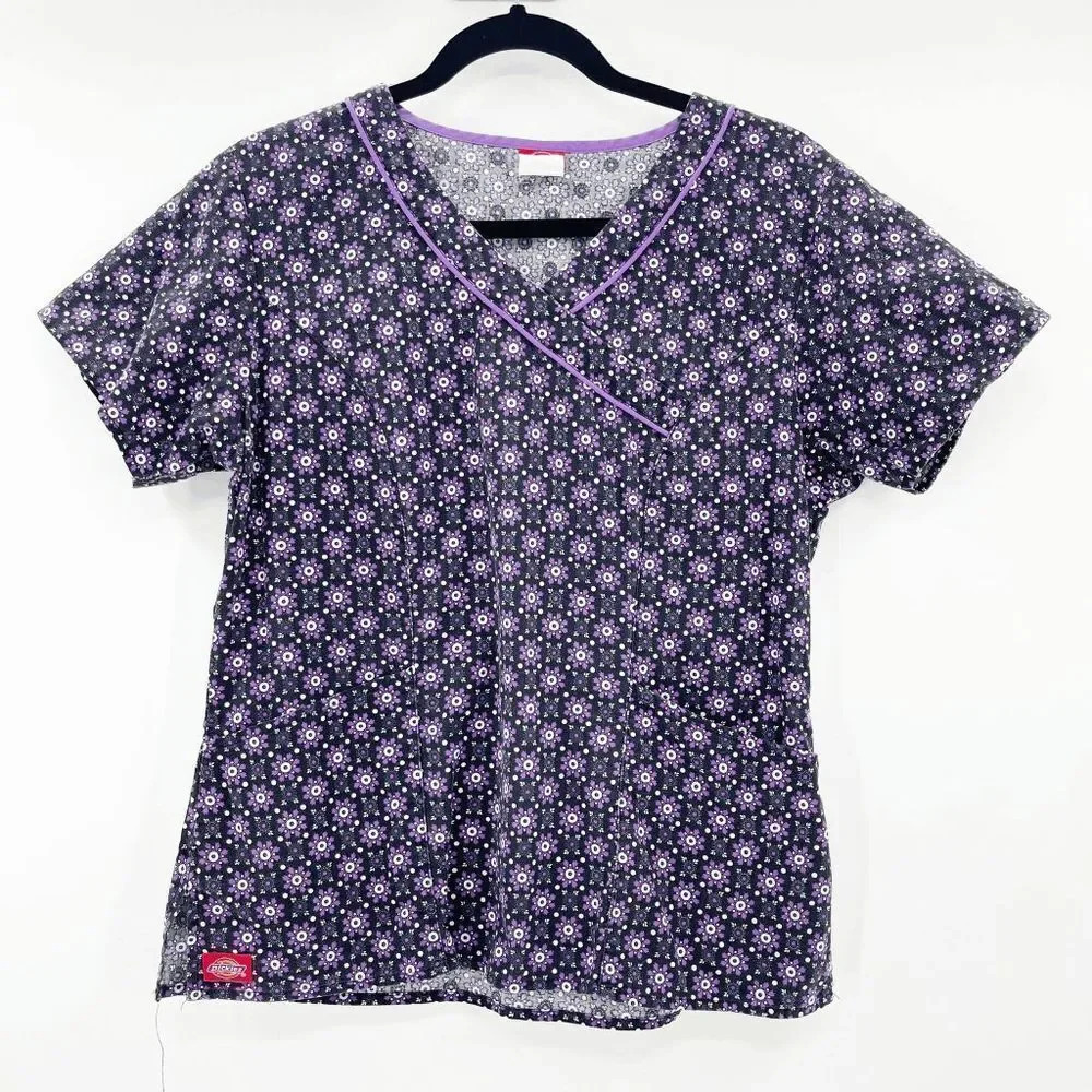 Dickies V Neck Scrub Tops Women's Size S Purple Short Sleeve Pockets Workwear
